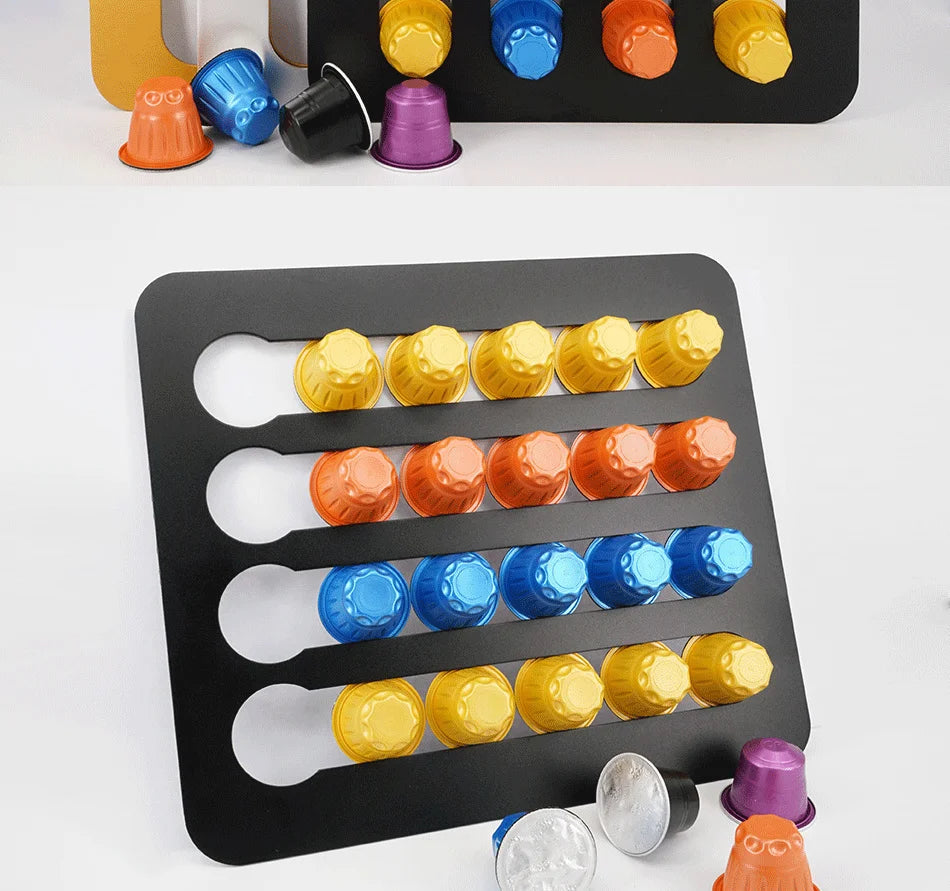 Colorful coffee pod organizer with various pods on a white background