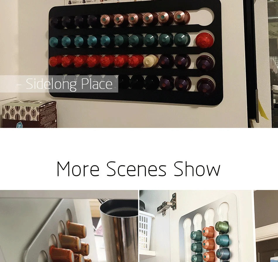 Colorful coffee pod holder on a white wall with text 'Sidelong Place' and 'More Scenes Show'.