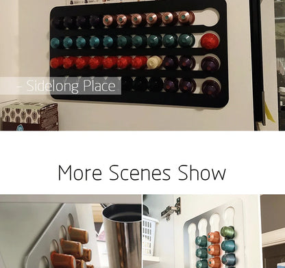 Colorful coffee pod holder on a white wall with text 'Sidelong Place' and 'More Scenes Show'.