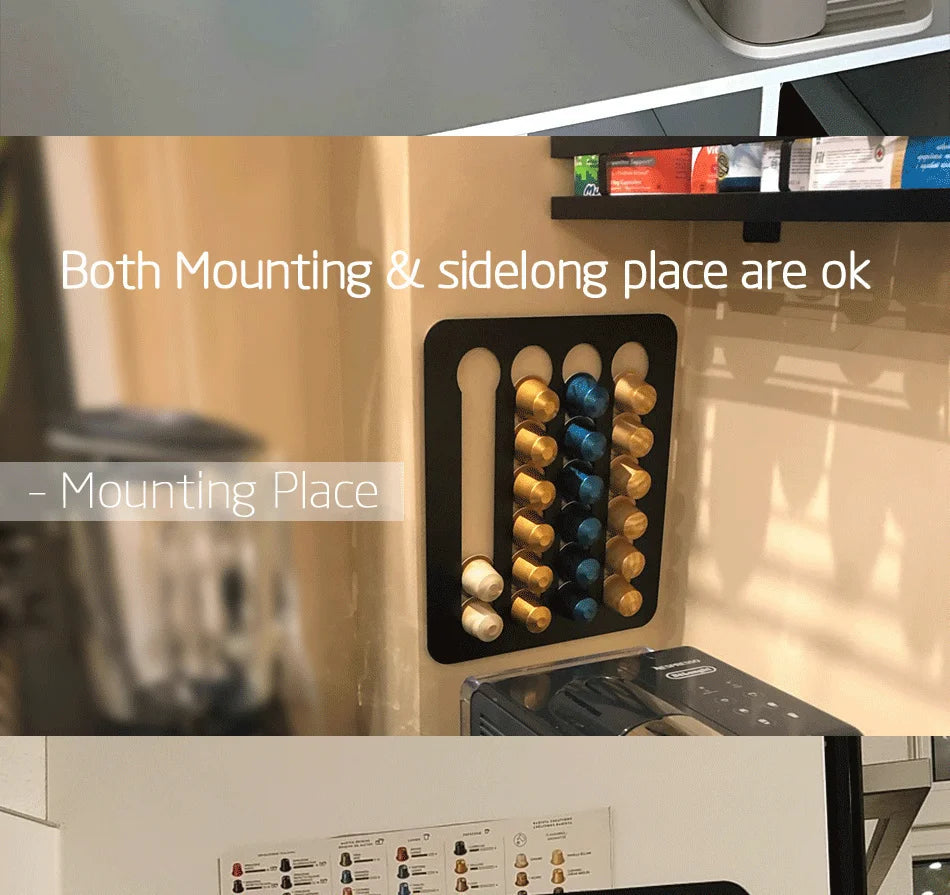 Coffee pod holder attached to a kitchen appliance with text overlay.