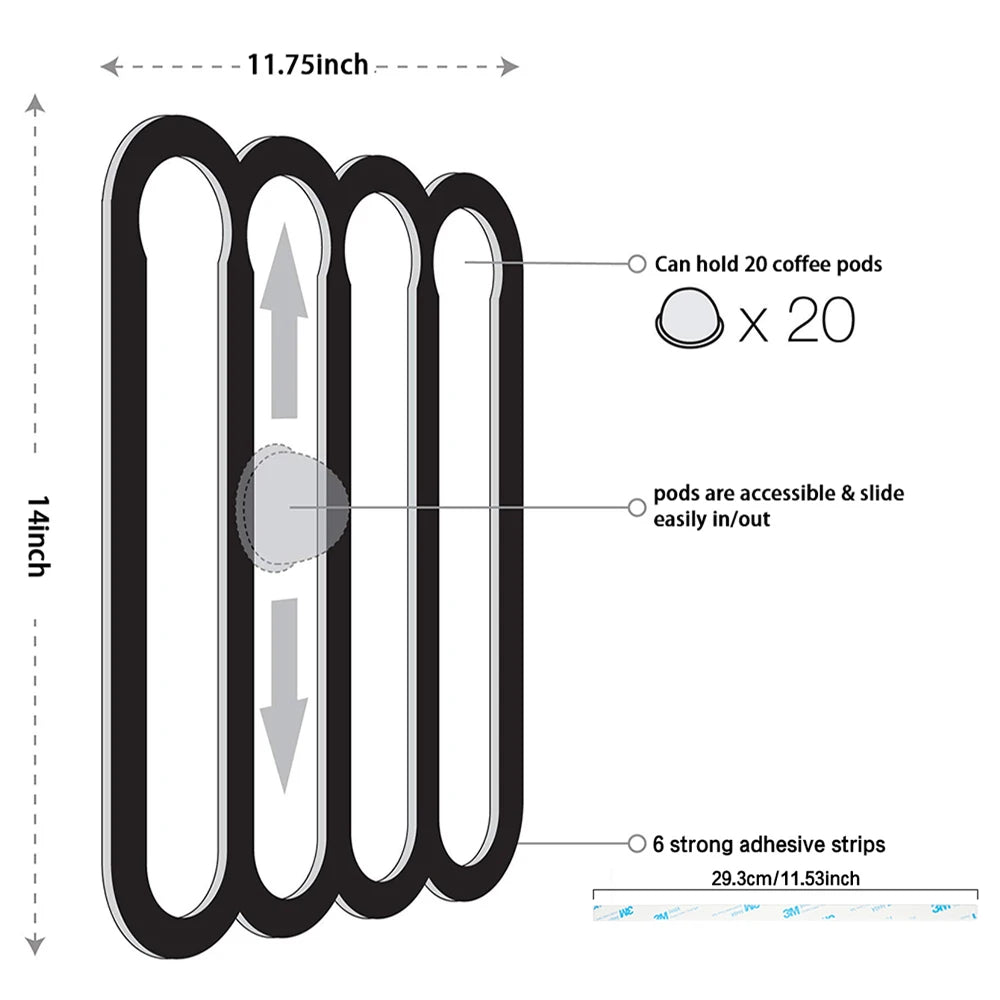 Diagram of a coffee pod holder with dimensions and features labeled