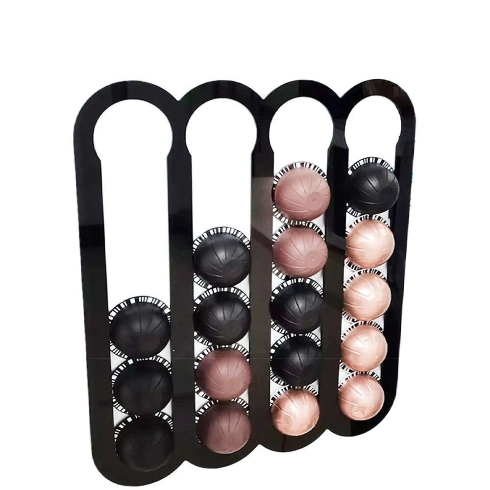 Black cylindrical organizer with pink and black items on a white background