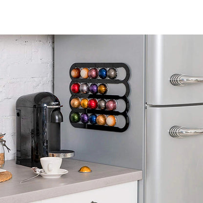 Coffee pod holder with colorful pods attached to a refrigerator in a kitchen setting.