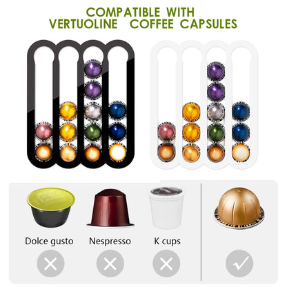 Coffee capsule compatibility chart with Dolce Gusto, Nespresso, and K-cups options.