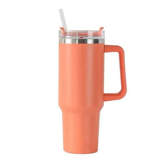 tumbler with handle and straw lid, surrounded on a white background