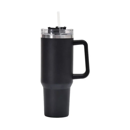 tumbler with handle and straw lid, surrounded on a white background