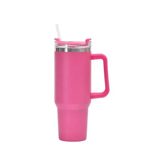 tumbler with handle and straw lid, surrounded on a white background