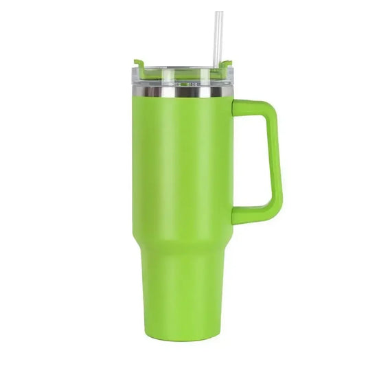 tumbler with handle and straw lid, surrounded on a white background