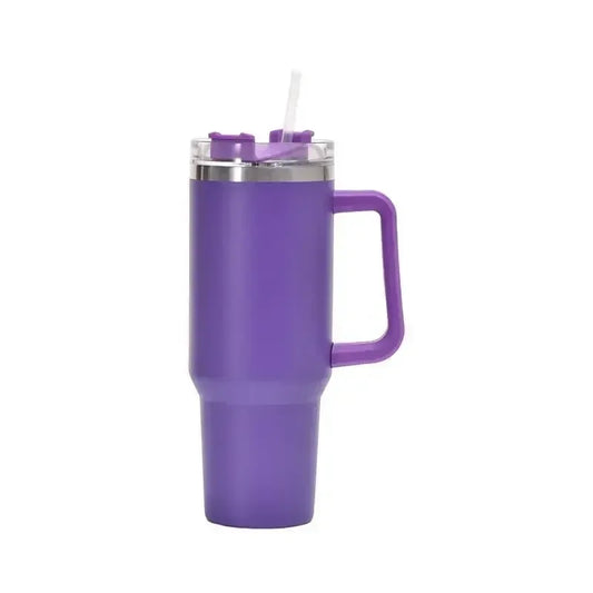 tumbler with handle and straw lid, surrounded on a white background