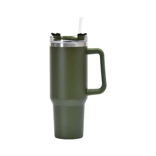 tumbler with handle and straw lid, surrounded on a white background