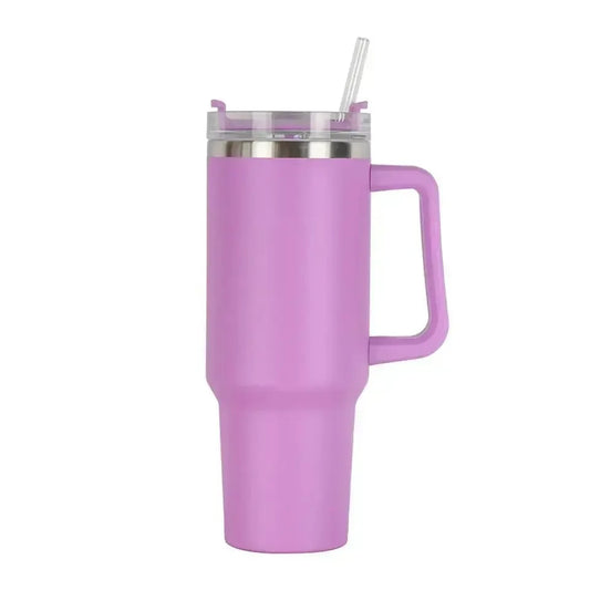 tumbler with handle and straw lid, surrounded on a white background