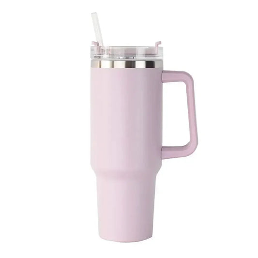 tumbler with handle and straw lid, surrounded on a white background