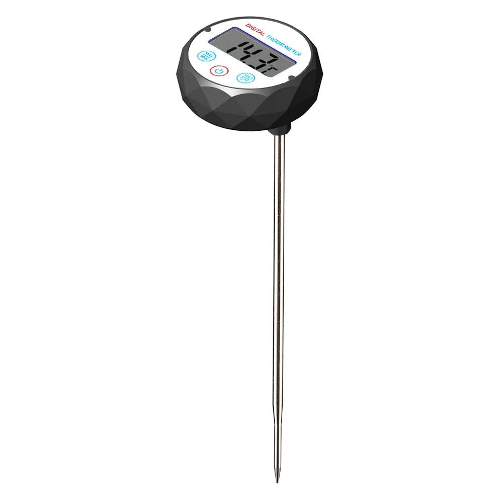 Digital thermometer with a probe on a white background
