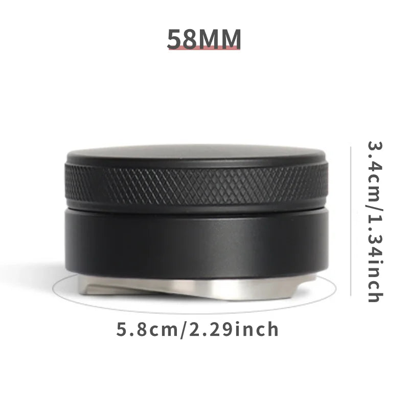 Black coffee tamper with measurements on a white background