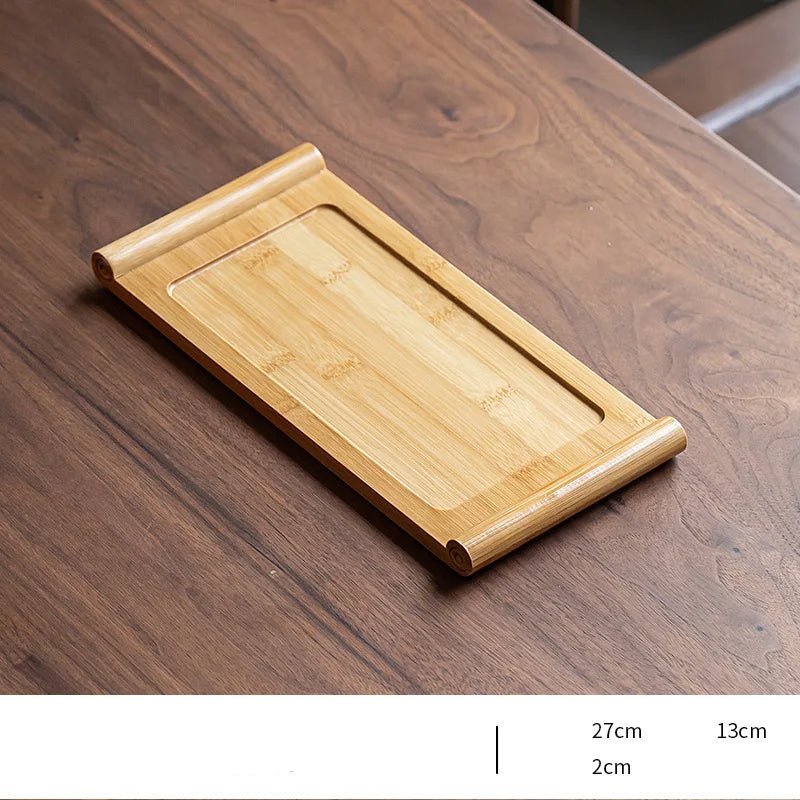 Wooden tray on a wooden surface with dimensions indicated