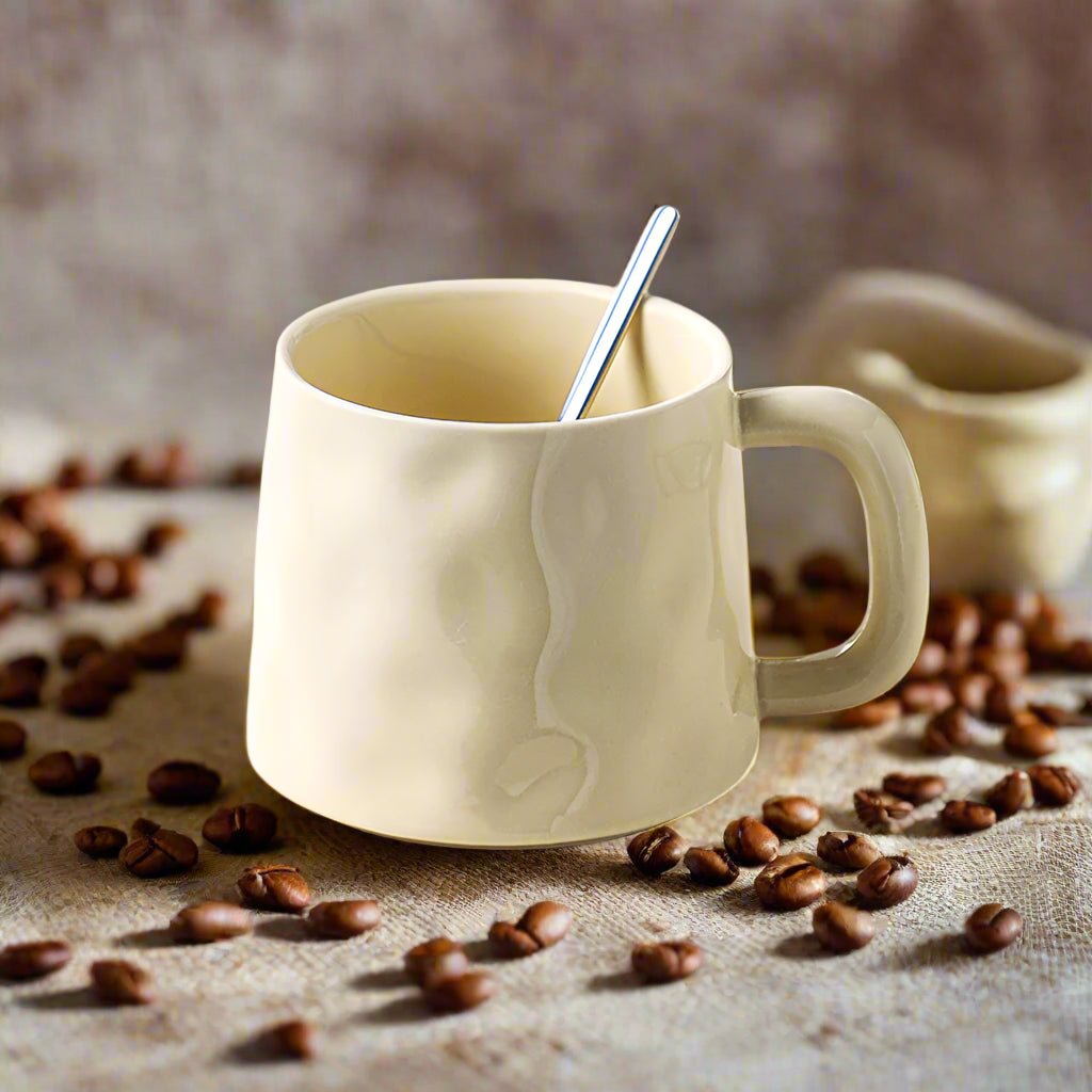 Beige mug with a spoon on a surface with coffee beans