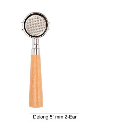 51mm bottomless portafilter with wood handle on white background