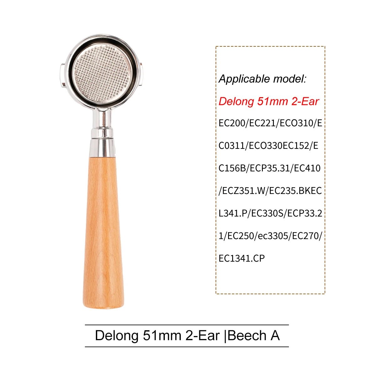 Wood-handled portafilter next to list of compatible models