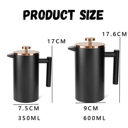Black and rose gold French press with measurements on a white background