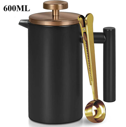 Black French press coffee maker with gold plunger and scoop on a white background