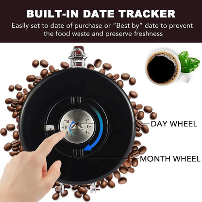 Date tracker with coffee beans and a cup of coffee, highlighting its features.
