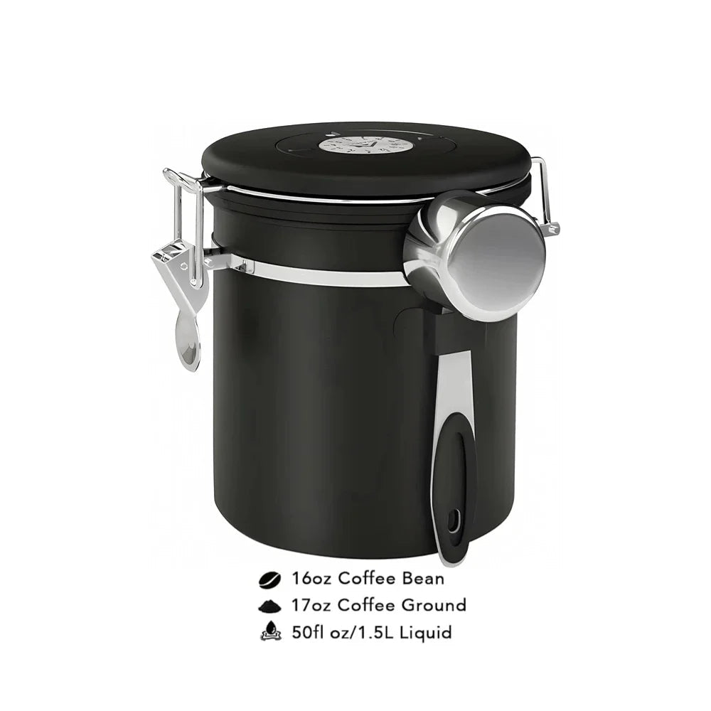 Black coffee canister with a measuring scoop on a white background