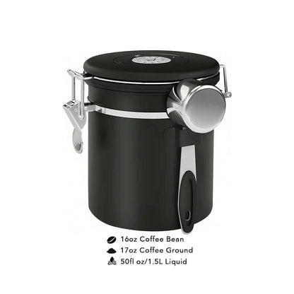 Black coffee canister with a measuring scoop on a white background