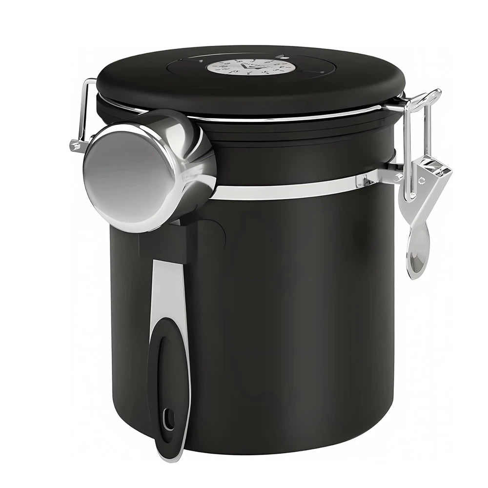 Black storage canister with a black lid and silver handle on a white background