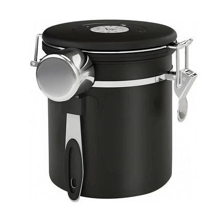 Black storage canister with a black lid and silver handle on a white background