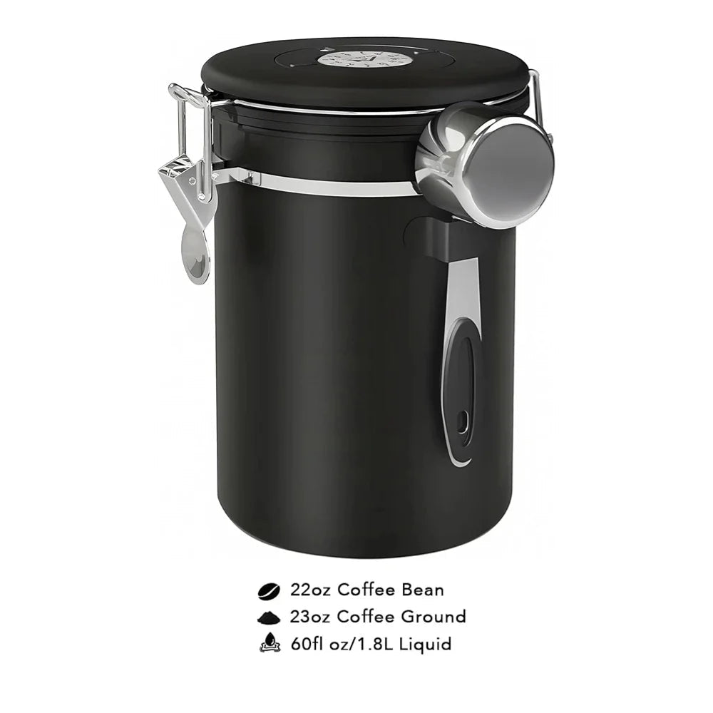 Black coffee canister with measuring scoop on a white background