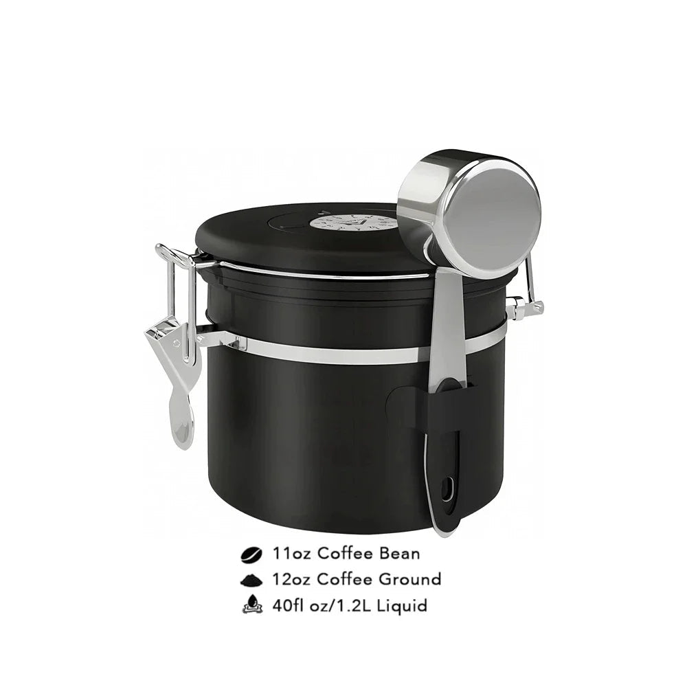 Black coffee canister with silver lid and handle on a white background