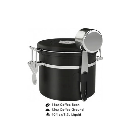 Black coffee canister with silver lid and handle on a white background