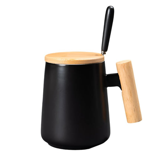 Black Elegant Ceramic Coffee Mug with Wooden Lid & HandleUtensils for Coffee