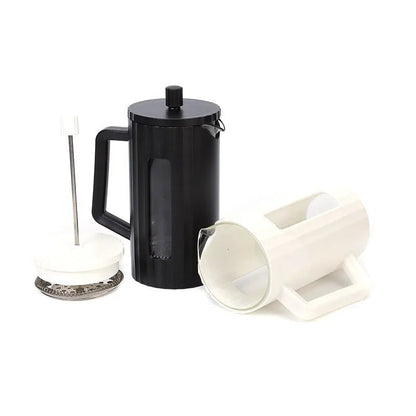 Black French press coffee maker with white plastic components on a white background