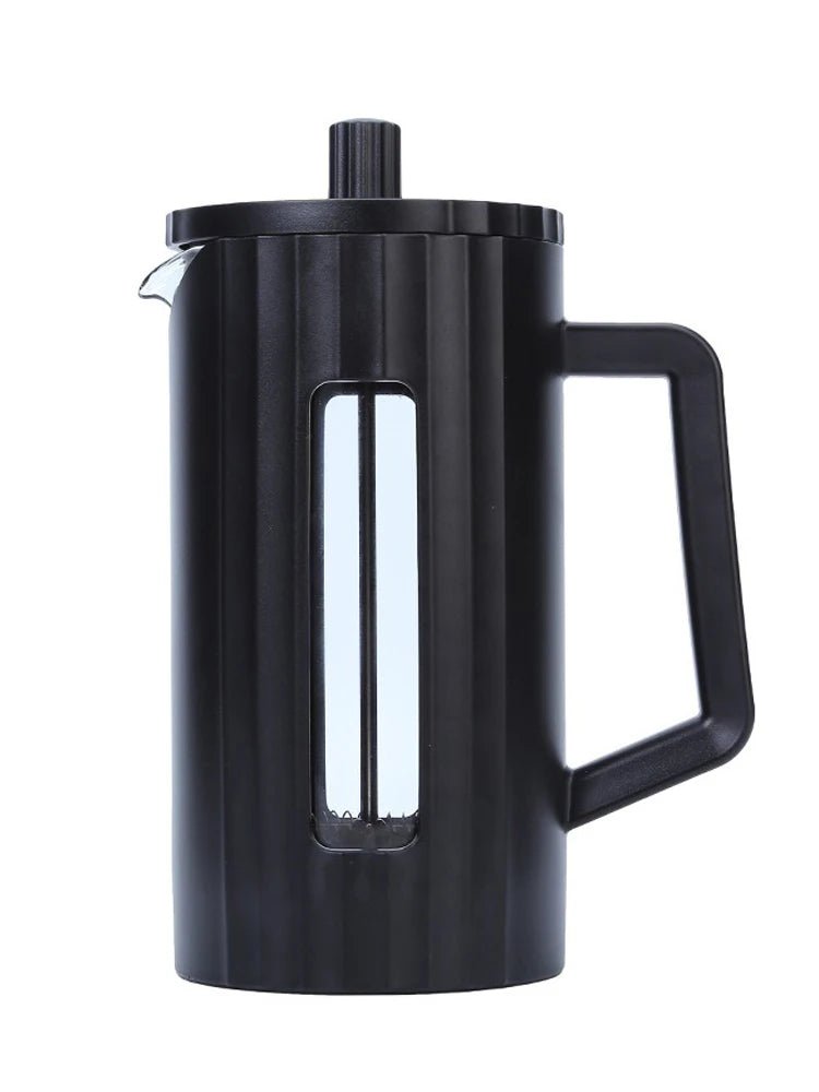 Black French press coffee maker on a white background