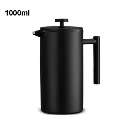 Black French press coffee maker with a handle on a white background, labeled '1000ml'.