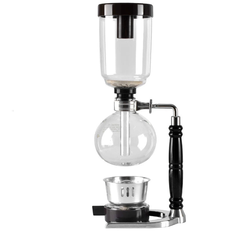 Siphon coffee apparatus with glass containers and black handle on a white background