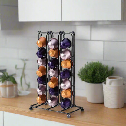 Coffee pod organizer with colorful pods on a kitchen counter