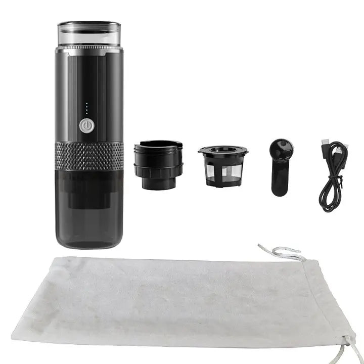 Black portable coffee maker with accessories on a white background