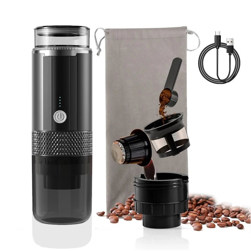 Black portable coffee maker with accessories on a white background