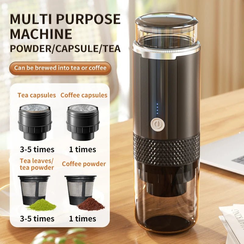 Multi-purpose machine for tea, coffee, and capsules on a wooden surface.