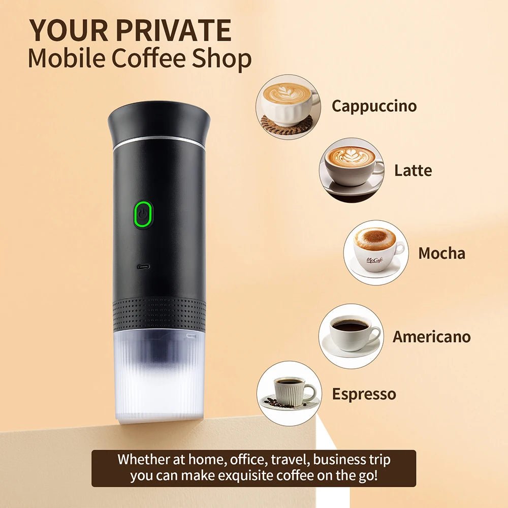 Portable coffee maker with images of different coffee types on a beige background