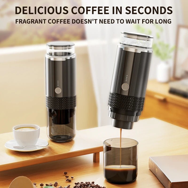 Two portable coffee makers on a table with a cup of coffee and glass of coffee being poured.