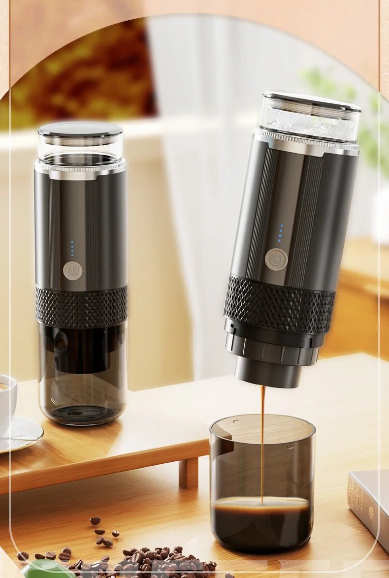 Black and silver portable espresso maker on a wooden surface with coffee being poured into a glass.
