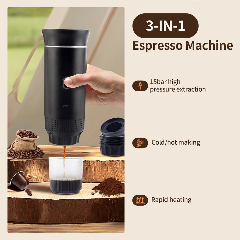 Black 3-in-1 espresso machine being used to make coffee, with text highlighting features on a beige background.