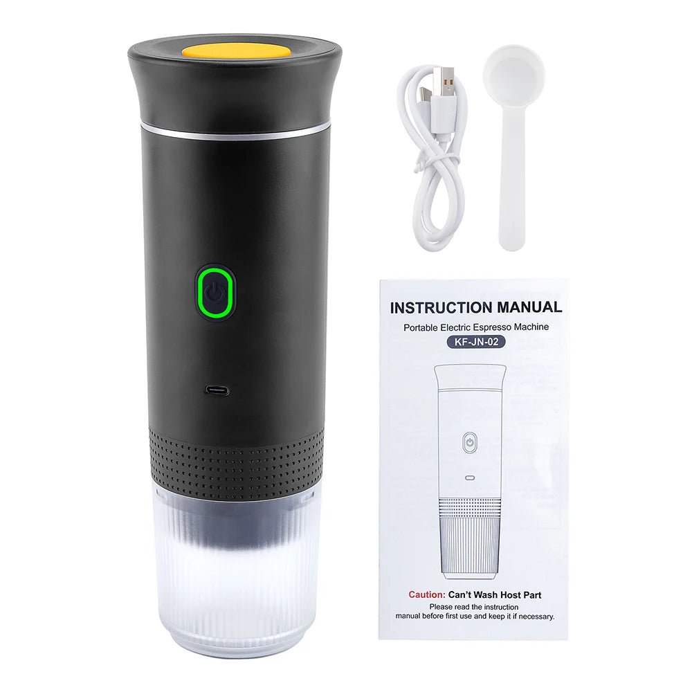Portable electric espresso machine with USB cable and instruction manual on a white background