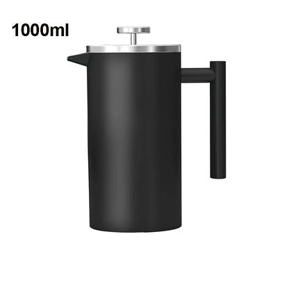 Black French press coffee maker with a handle on a white background, labeled '1000ml'.