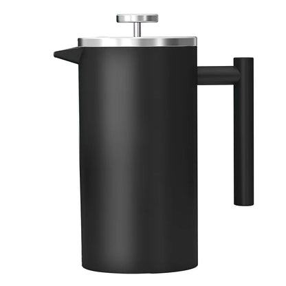 Black French press coffee maker with a silver lid on a white background