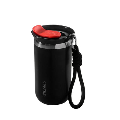 black tumbler with a black lid and rope handle on a white background