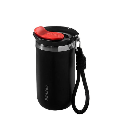 black tumbler with a black lid and rope handle on a white background